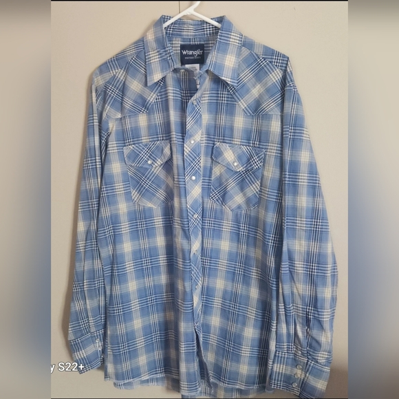 Wrangler Other - Wrangler Western Shirts Blue & White Plaid Pearly White Snaps Size Large Tall
